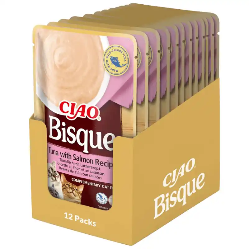 CIAO CHURU Bisque Cat Food Piure Fin de Ton si Somon Box 12x40 g Hrana Complementara Umeda pentru Pisici Delicioasa si Sanatoasa, Fara Cereale, Topping Palatabil Comandă acum
