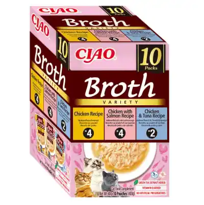 CIAO CHURU Broth Variety cu Pui, Pui si Somon, Pui si Ton 10x40 g Hrana Umeda Complementara pentru Pisici Umiditate Ridicata, Fara Cereale, Topping Palatabil Doar azi