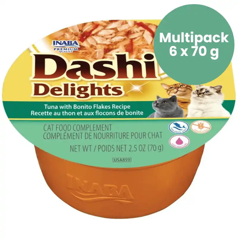 Preferatul clienților CIAO Dashi Delights Ton si Fulgi de Bonito Multipack 6x70 g Hrana Umeda Complementara pentru Pisici Bucatele de Carne in Supa Dashi, Delicioasa si Sanatoasa, Fara Cereale