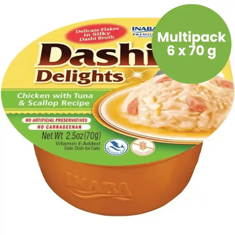 CIAO Dashi Delights Pui, Ton si Scoici Multipack 6x70 g Hrana Umeda Complementara pentru Pisici Bucatele de Carne in Supa Dashi, Delicioasa si Sanatoasa, Fara Cereale Ultima șansă
