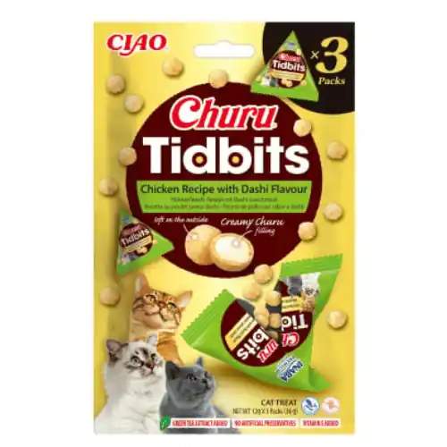 Calitate înaltă INABA Churu Cat Tidbits Chicken & Dashi 3x12 g Recompense Moi pentru Pisici Exterior Fraged si Umplutura Cremoasa