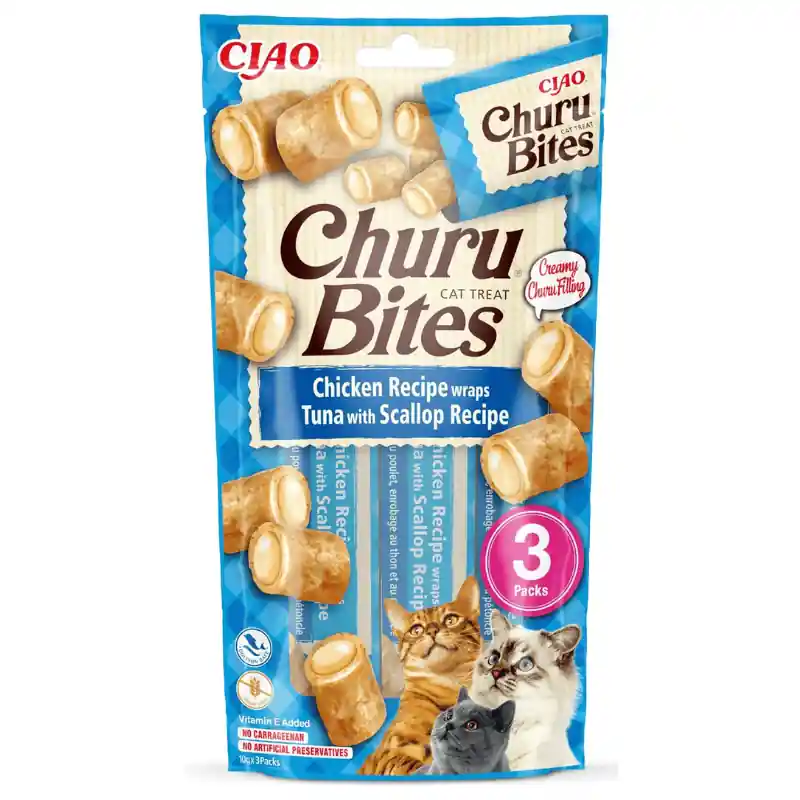 Noutate INABA Churu Bites Tuna & Scallop Recipe 3x10 g Recompense fara Cereale pentru Pisici Pui, Ton si Scoici Textura Moale cu Interior Cremos