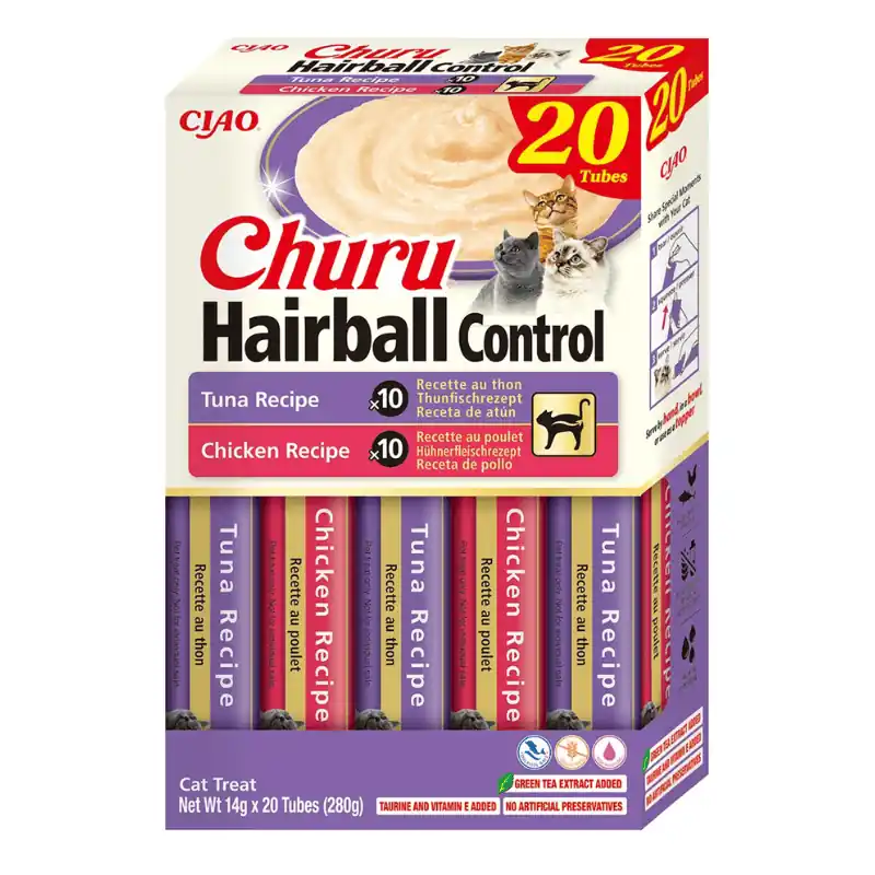 Cel mai bun preț INABA Ciao Churu Hairball Control Variety Box 20x14 g Recompensa Functionala Cremoasa pentru Pisici cu Pui si Ton Formula pentru Reducerea si Eliminarea Ghemelor de Blana