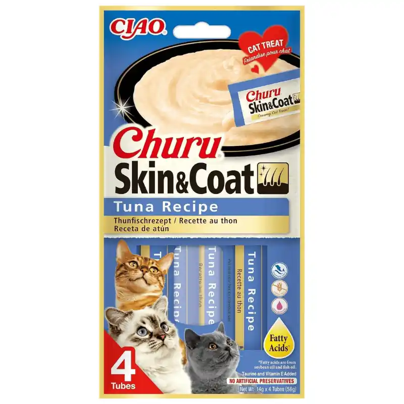 INABA Ciao Churu Skin & Coat Tuna 4x14 g Recompensa Functionala Cremoasa pentru Pisici cu Ton Formula pentru Piele Sanatoasa si Blana Stralucitoare Plată sigură