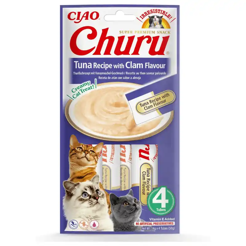 INABA Ciao Churu Creamy Stick Tuna & Clam 4x14 g Recompense Cremoase fara Cereale pentru Pisici cu Ton si Scoici Vongole Sanatoase, Delicioase si cu Calorii Putine Ofertă de sezon
