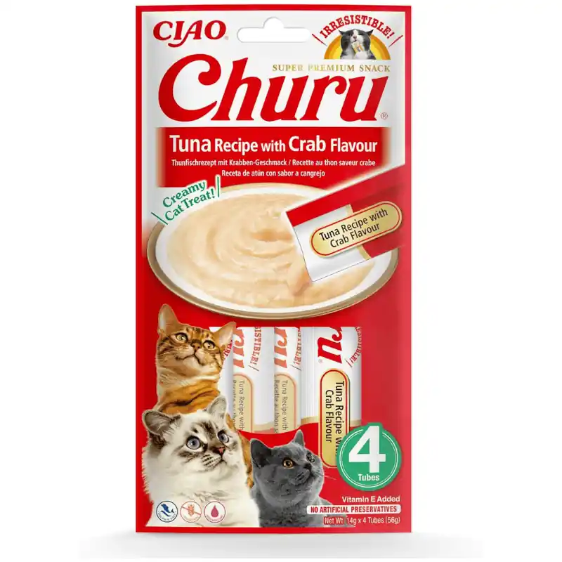 INABA Ciao Churu Creamy Sticks Tuna & Crab 4x14 g Recompense Cremoase fara Cereale pentru Pisici cu Ton si Crab Sanatoase, Delicioase si cu Calorii Putine Lichidare de stoc