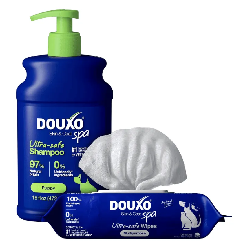 DOUXO SPA Rutina pentru Catei Ingrijire Delicata pentru Piele si Blana in Crestere Sampon Puppy + Servetele Multifunctionale Preferatul clienților