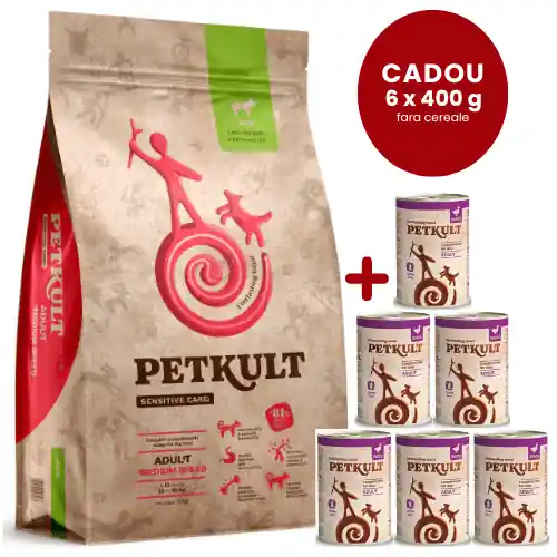 Cumpărături sigure Promo PETKULT Sensitive Care Adult Medium Miel & Orez 12kg Hrană Uscată pentru Câini Talie Medie, Digestie Sensibilă + 6 Conserve Petkult Grain Free 400 g CADOU