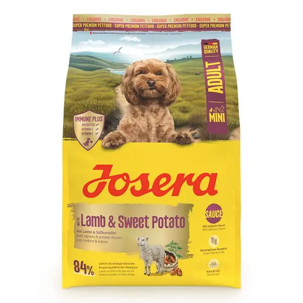 Disponibil imediat JOSERA Mini cu Miel si Cartofi Dulci, 3 kg Hrana Uscata Fara Cereale pentru Caini Adulti de Talie Mica Sos Delicios cu Apa, Crochete Mini