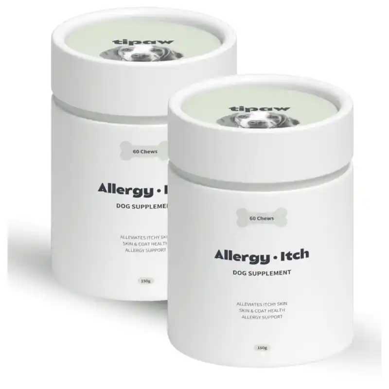 Promoție Pachet 2x TIPAW Allergy & Itch Supliment Natural pentru Caini cu Alergii, Mancarimi si Piele Sensibila Ulei de Somon, Colostru si Turmeric