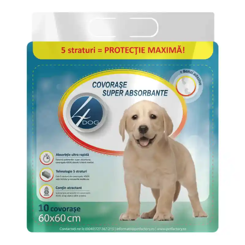 Reducere 4DOG Covorase Igienice pentru Caini 60x60 cm, 10 Buc Superabsorbante cu Benzi Adezive Pentru Dresaj si Protectia Podelei