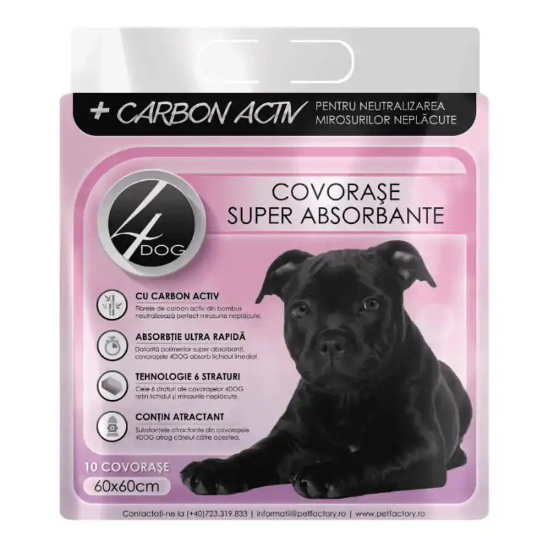 4DOG Charcoal Covorase Igienice pentru Caini 60x60 cm, 10 Buc cu Carbon Activ din Bambus, Superabsorbante Controlul Mirosurilor si Dresaj Livrare rapidă