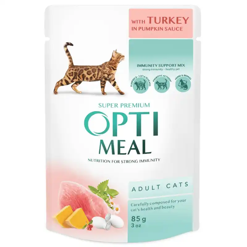 OPTIMEAL Cat Adult cu Curcan si Dovleac 85 g Hrană Umedă Super-Premium pentru Pisici Adulte Livrare rapidă