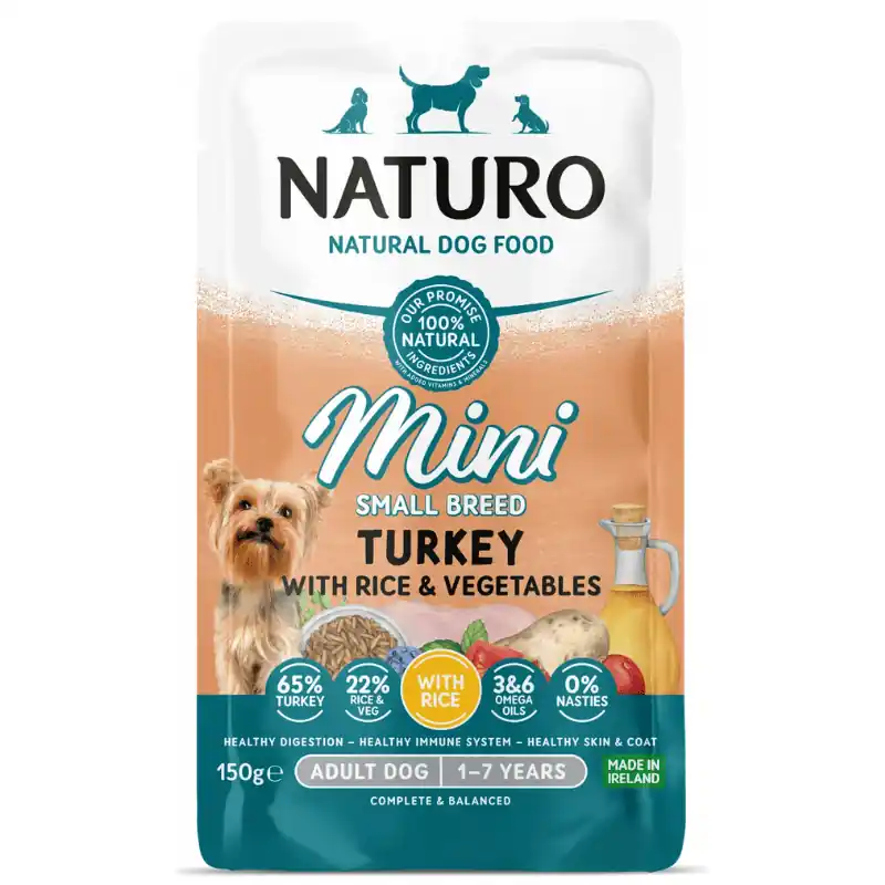 Reducere specială NATURO Adult Mini Dog cu Curcan, Orez si Legume 150 g Hrana Umeda Completa 100% Naturala pentru Caini Adulti de Talie Mica