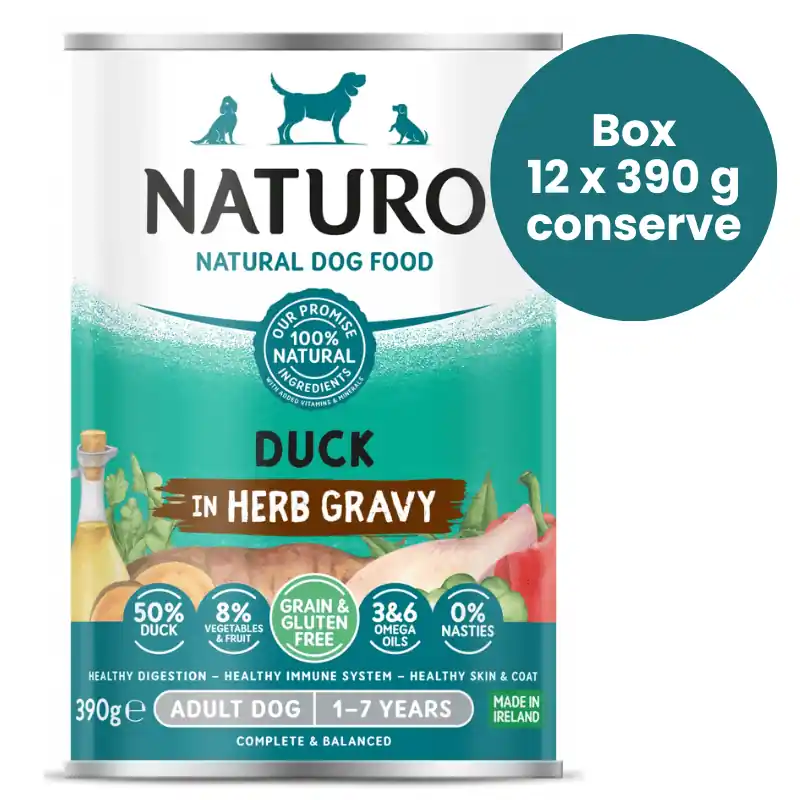 Vezi acum NATURO Adult Dog Grain & Gluten Free cu Rata in Sos cu Ierburi Box 12x390 g Hrana Umeda Completa fara Cereale 100% Naturala pentru Caini Adulti