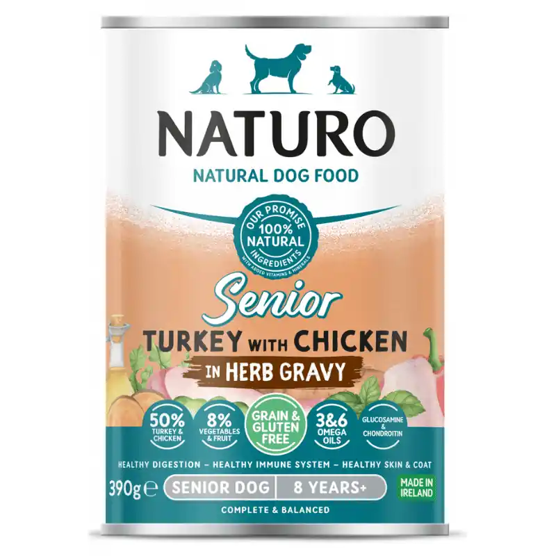 NATURO Senior Dog Grain & Gluten Free cu Curcan si Pui in Sos cu Ierburi 390 g Hrana Umeda Completa fara Cereale 100% Naturala pentru Caini Varstnici 7+ Chilipir
