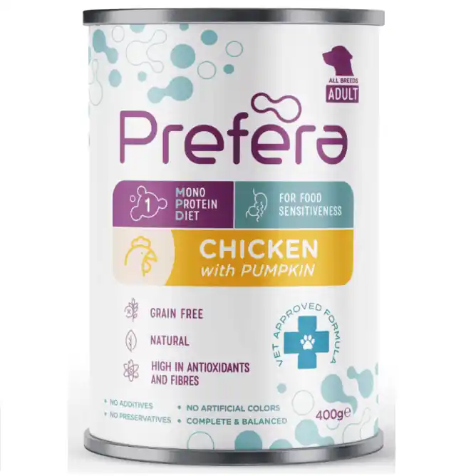 Cel mai vândut PREFERA Monoprotein Diet Adult cu Pui si Dovleac 400 g Hrana Umeda Monoproteica Fara Cereale Pentru Caini