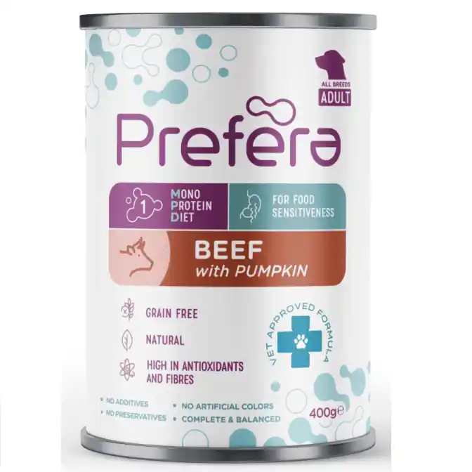 PREFERA Monoprotein Diet Adult cu Vita si Dovleac 400 g Hrana Umeda Monoproteica Fara Cereale Pentru Caini Ieftin