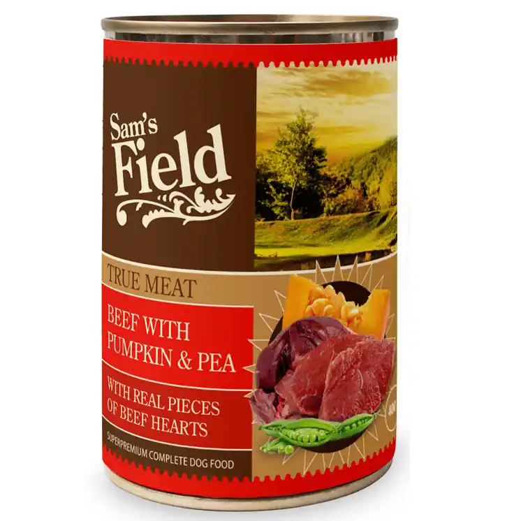 Doar azi SAM‘S FIELD Dog True Meat cu Vită, Dovleac și Mazăre 400 g Hrană Umedă Completă Fără Cereale pentru Câini