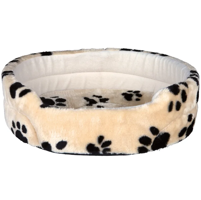 Ofertă exclusivă CHARLY Culcus Oval Pentru Caini, Plus Bej Cu Labute Negre, 55x48cm