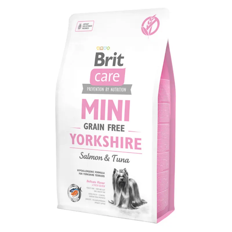 BRIT CARE Mini Grain Free Yorkshire Adult, Somon si Ton, Hrana Uscata Hipoalergenica, Fara Cereale, Caine Yorkshire, Blana Matasoasa Stralucitoare 2kg Reduceri