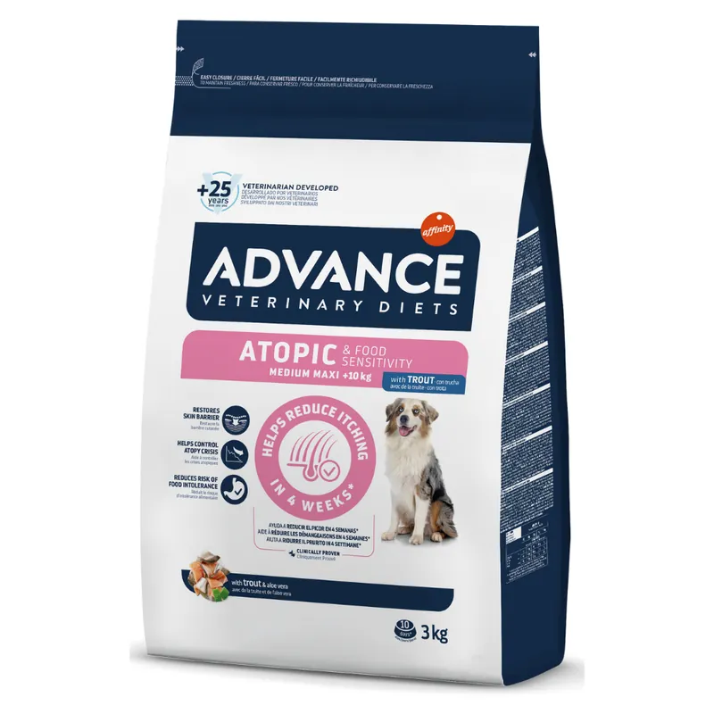 ADVANCE Veterinary Diets ATOPIC DERMA CARE Medium / Maxi, cu Pastrav, Hrana Uscata Caini cu Boli Dermatologice 3kg Calitate înaltă