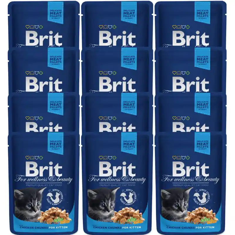 BRIT PREMIUM Kitten, Pui, Set Plicuri Hrana Umeda Pisici Junior (bucatele carne in sos) 12x100g Reducere de preț