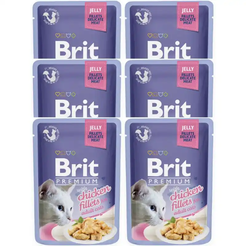 Bestseller BRIT PREMIUM DELICATE, Pui Set Plicuri Hrana Umeda Pisici (file carne in aspic) 6x85g