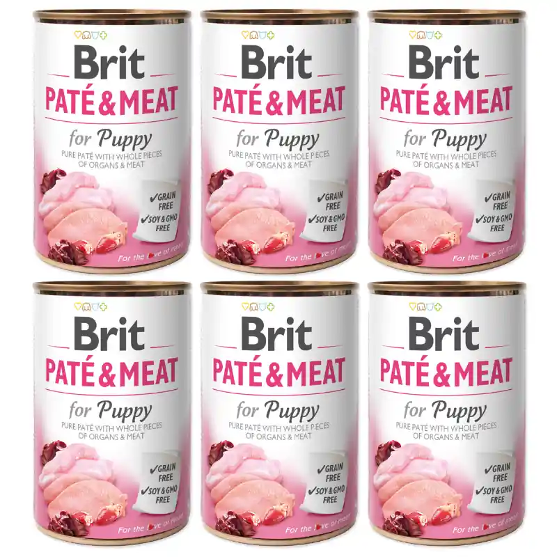 Retur gratuit BRIT PATE & MEAT Puppy, Pui si Curcan, Bax Conserva Hrana Umeda Caine Junior (bucati carne in pateu) 6x400g