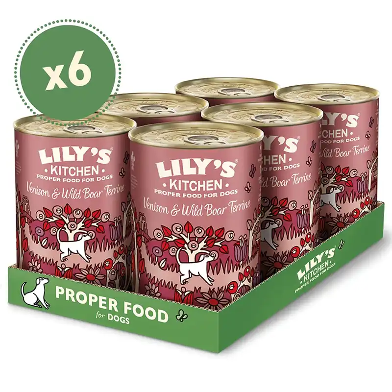 LILY‘S KITCHEN Venison & Wild Boar Terrine, cu Vanat si Mistret, Set Conserve Hrana Umeda Fara Cereale Pentru Caini 6x400g Promoție