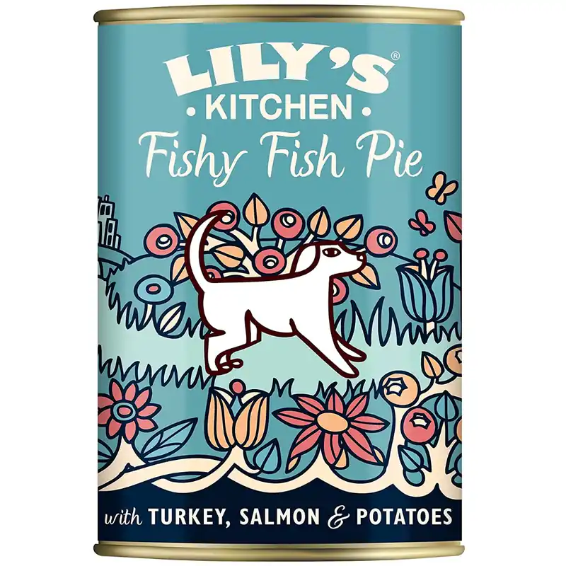 Retur ușor LILY‘S KITCHEN Fishy Fish Pie, cu Curcan si Somon, Conserva Hrana Umeda Fara Cereale Pentru Caini 400g