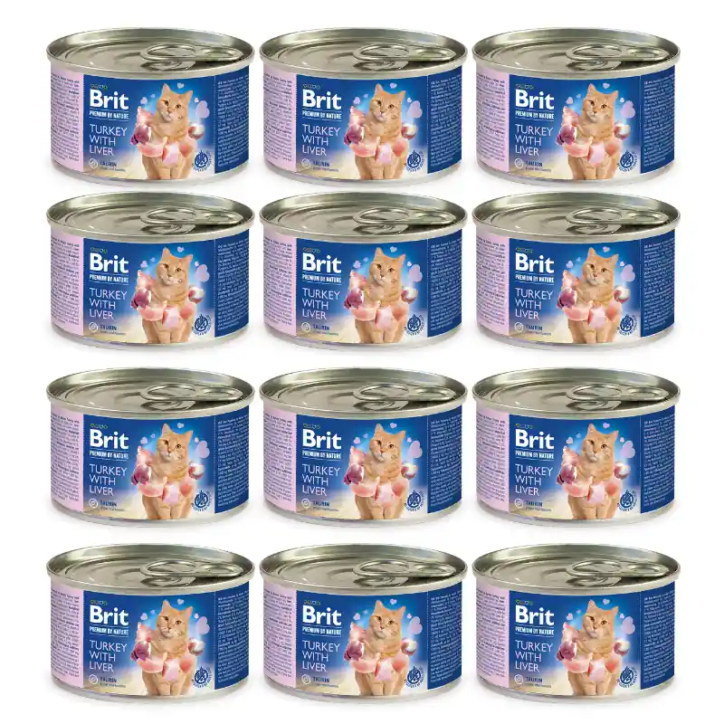 Comandă acum BRIT PREMIUM By Nature Adult, Curcan si Ficat, Bax Conserve Hrana Umeda Fara Cereale, Pisici (pate cremos), 12x200g