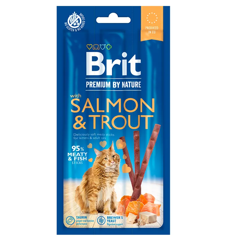 Chilipir BRIT PREMIUM By Nature Cat Stick, Somon si Pastrav, Recompensa Batoane (95% carne), Fara Cereale, Pisici, 3buc / 100g