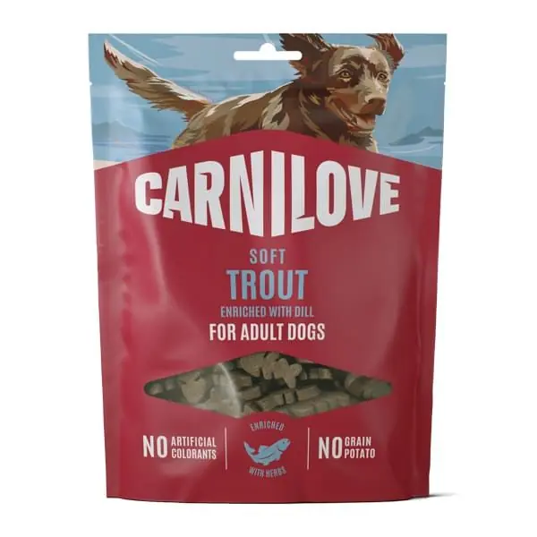CARNILOVE Soft Snack cu Pastrav si Marar 200 g Recompense Moi Fara Cereale pentru Caini Efect Calmant Antistress Cel mai vândut
