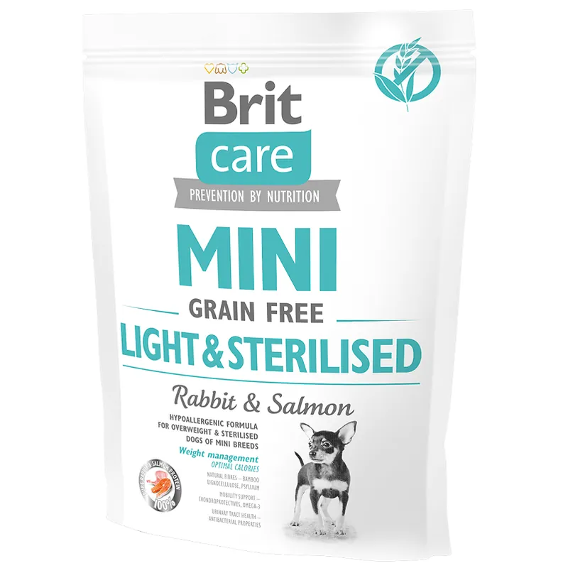 BRIT CARE Mini Grain Free Light & Sterelised Adult, Iepure si Somon, Hrana Uscata Hipoalergenica, Fara Cereale, Caine Supraponderal Sterilizat Castrat, 400g Preț mic