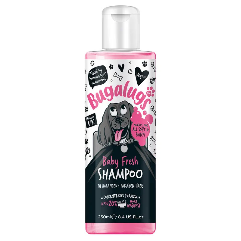 Ultima șansă BUGALUGS Baby Fresh, Sampon Vegan Pentru Caini, cu Aroma Pudra de Talc Pentru Orice Tip de Blana Ideal si Pentru Pui de Catel, 250ml