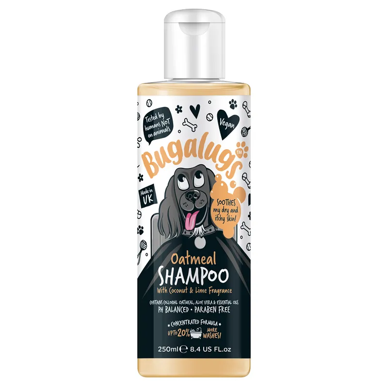 Vezi acum BUGALUGS Oatmeal, Sampon Vegan Pentru Caini cu Ovaz Coloidal, Aroma de Cocos si Lime, Pentru Orice tip de Blana, 250ml