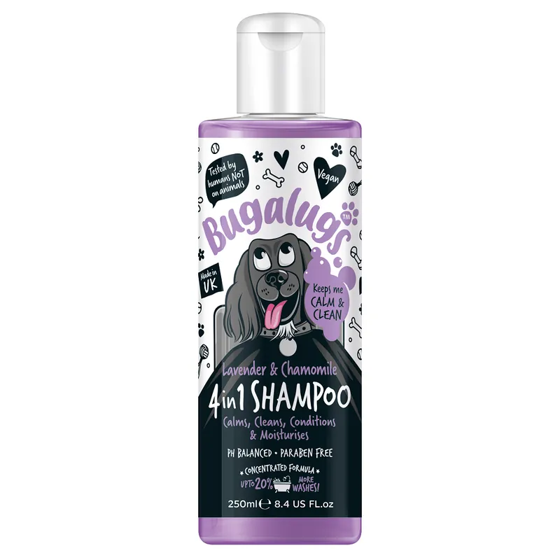 BUGALUGS Lavander 4 in 1 Sampon Vegan Pentru Caini, Aroma de Lavanda Calmeaza Curata Conditioneaza Hidrateaza Pielea si Blana, 250ml Reducere extra