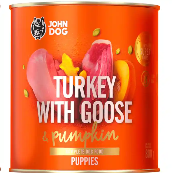 JOHN DOG Puppy, cu Curcan, Gasca si Dovleac, Conserva Hrana Umeda Fara Cereale Pui Catel 800g Ultima șansă