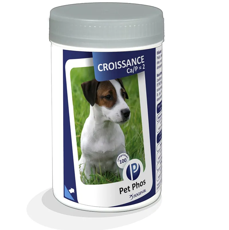 Cumpărături sigure PET PHOS Croissance Ca/P=2, Supliment Vitamino-Mineral Caini Talie Mica Medie, 100 Tablete