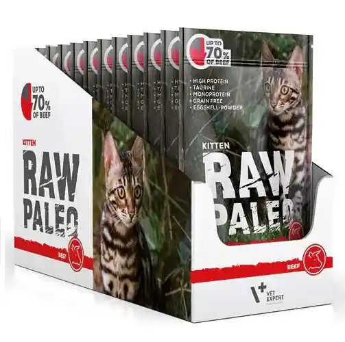 RAW PALEO Kitten, Vita, Set Plicuri Hrana Umeda Monoproteica, Fara Cereale, Pisica Junior (pateu), 12x100g Preț promoțional