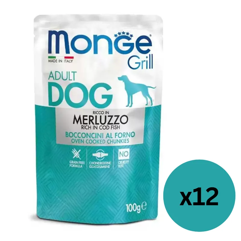 MONGE Dog Grill, cu Cod, Set Plicuri Hrana Umeda Fara Cereale Pentru Caini, 12x100g Retur ușor