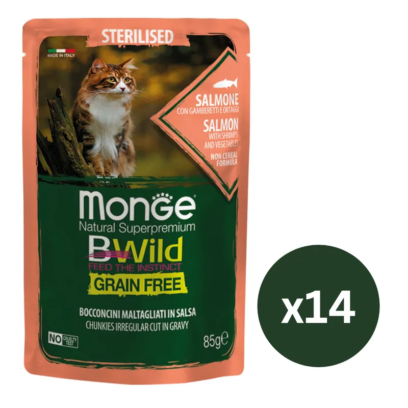 MONGE Natural BWild Sterilized Cat, cu Somon, Set Plicuri Hrana Umeda, Fara Cereale, Pentru Pisici Sterilizate (bucati carne in sos), 14x85g Livrare rapidă