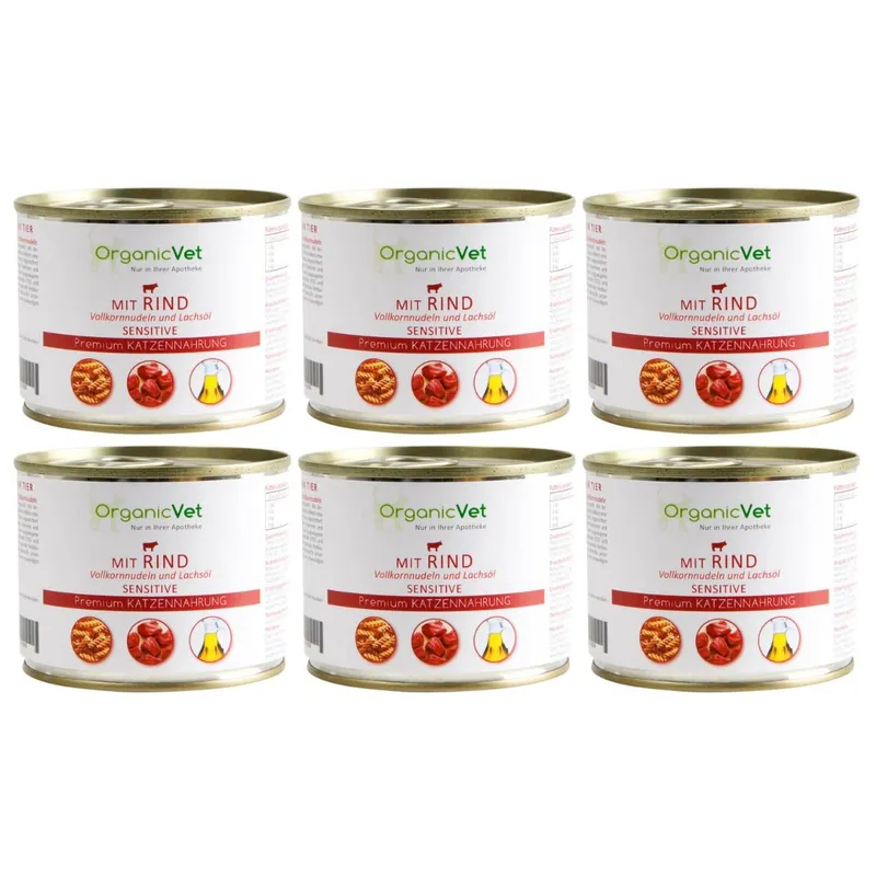 Cumpără acum OrganicVet Feline Sensitive, cu Vita, Paste si Ulei de Somon, Set Conserve Hrana Umeda Pentru Pisici, 6x200g