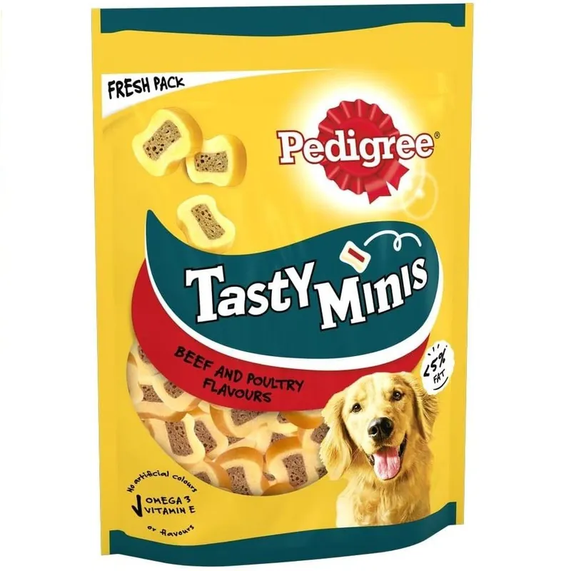 PEDIGREE Tasty Minis Bites, Recompense Moi Pentru Caini, Felii cu Carne de Vita si Pasare, 155g Super ofertă