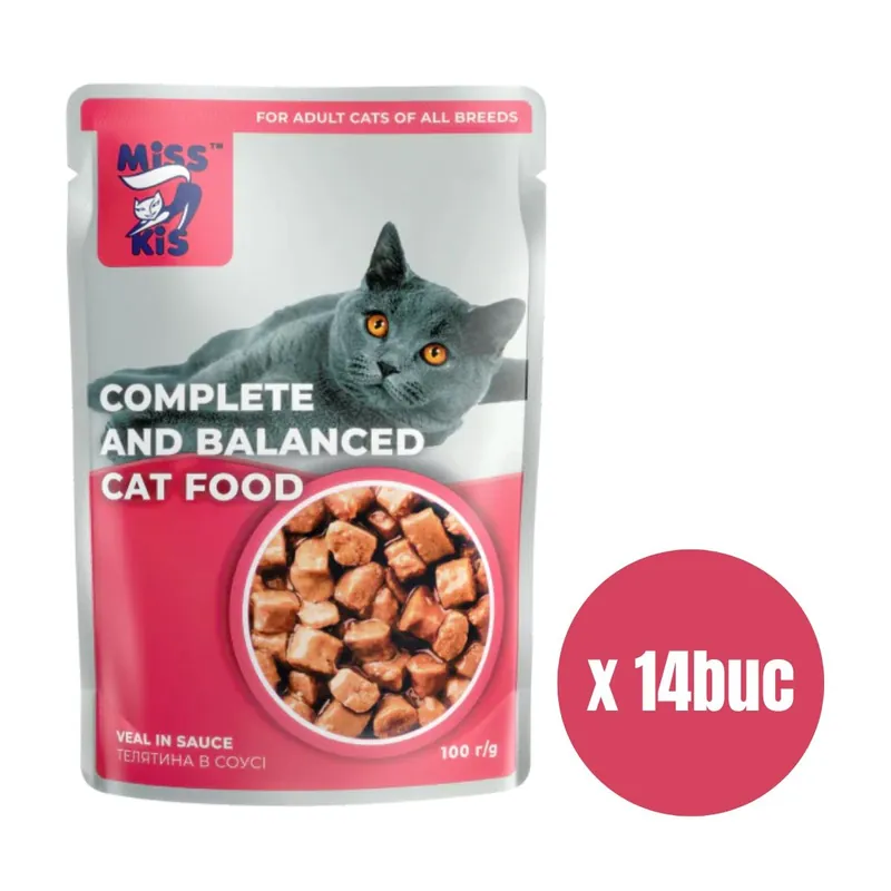 Cel mai vândut MISS KIS, Set Plicuri Hrana Umeda Pentru Pisici, cu Vitel in Sos, 14x100g