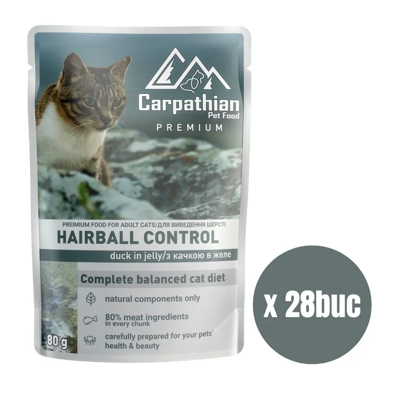 CARPATHIAN Premium Hairball Control, Set Plicuri Hrana Umeda Pisici Adulte, cu Rata in Aspic, 28x80g Ofertă limitată