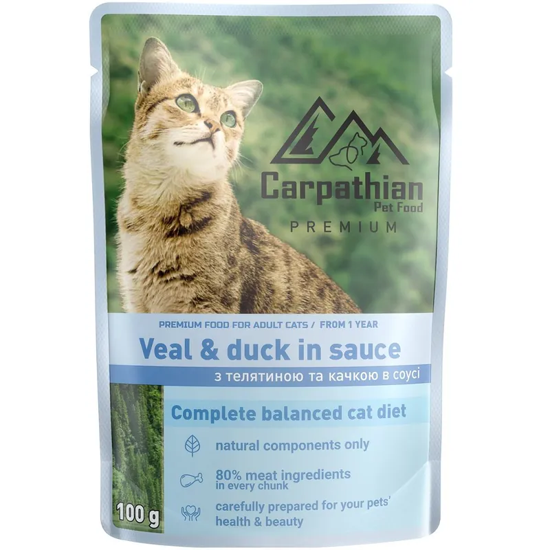 Reducere extra CARPATHIAN Premium, Plic Hrana Umeda Pisici Adulte, cu Vitel si Rata in Sos, 100g