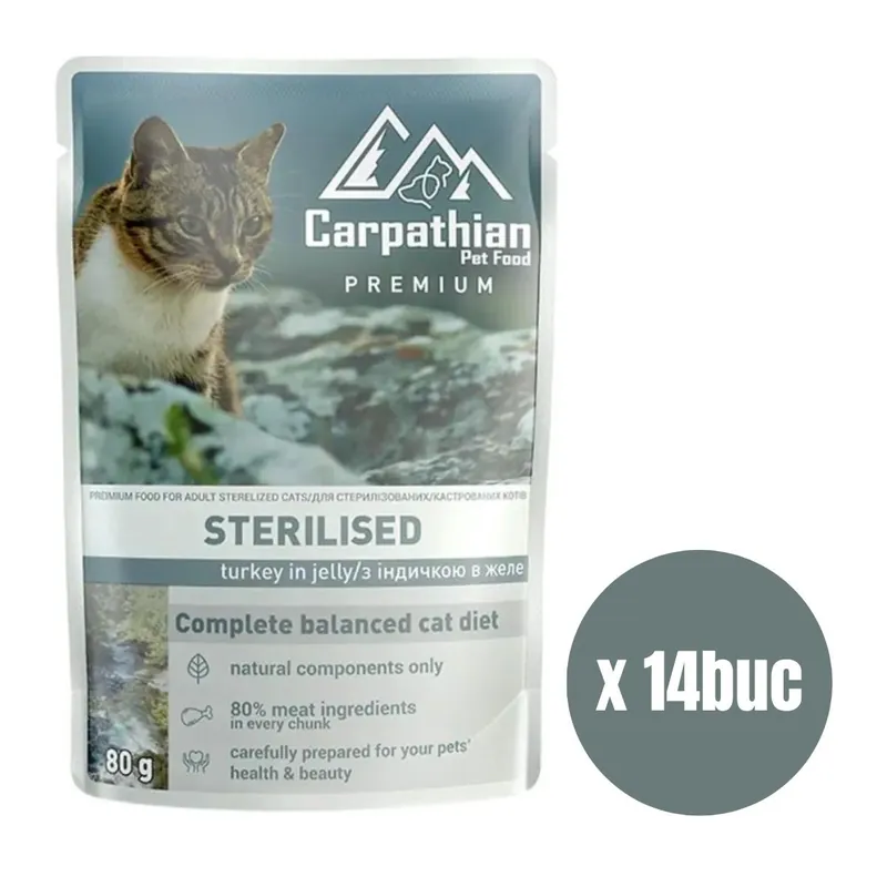 Ofertă specială CARPATHIAN Premium Sterelised, Set Plicuri Hrana Umeda Pisici Adulte Sterilizate, cu Curcan in Aspic, 14x80g