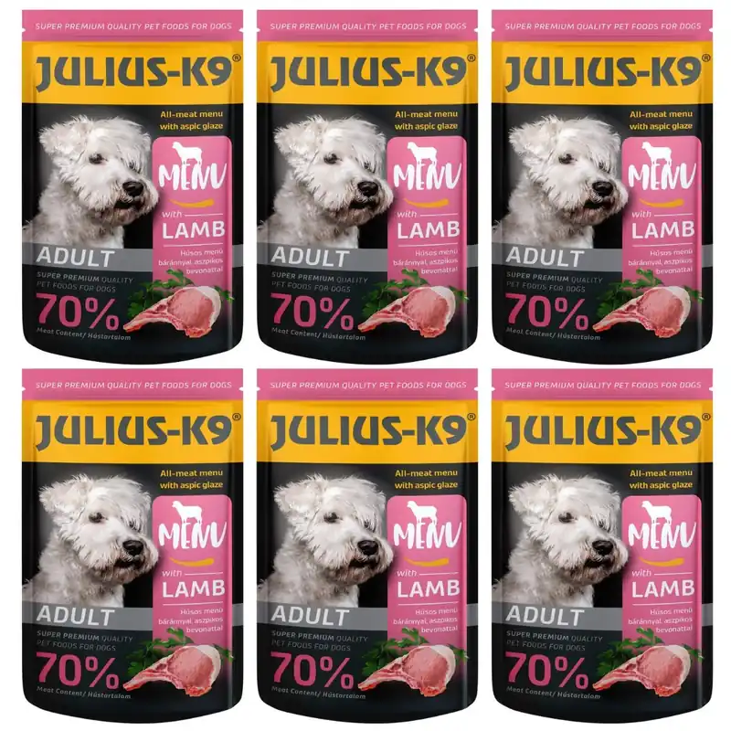 Premium JULIUS K9 DOG, Set Plicuri Hrana Umeda Pentru Caini, Pate cu Miel in Aspic, 6x125g